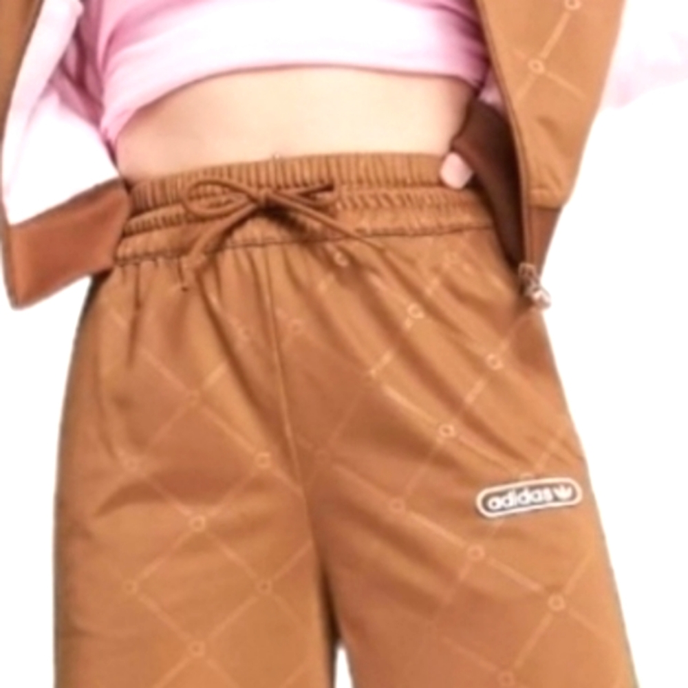 ADIDAS Wide Leg Carmel Brown Pink 3 Stripe Baggy High Rise Bell Hem Sport Pant M - Picture 5 of 16